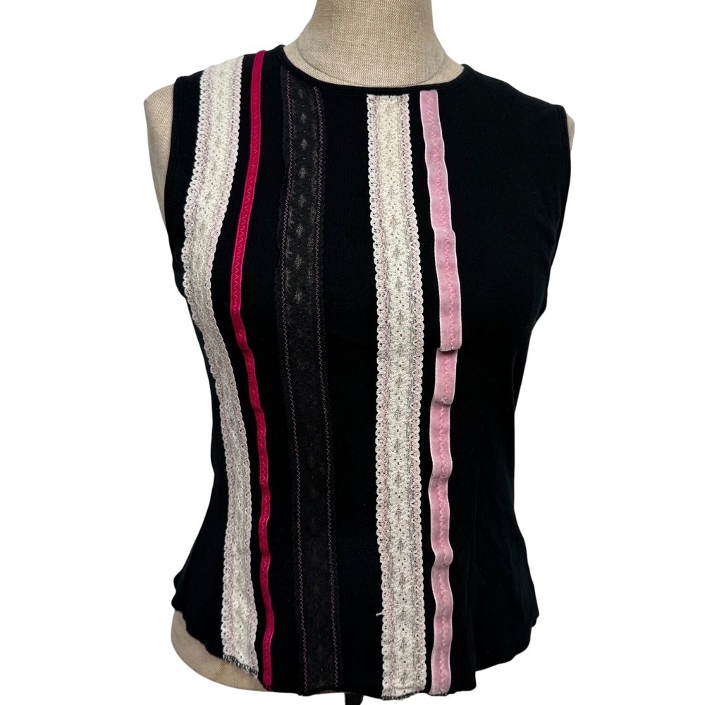 Y2K Sisley Women S Black Sleeveless Tank Top Lace Ribbon Italy Grunge Fairy Goth